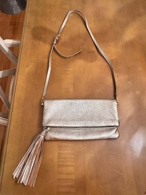 Gigi New York Metallic Gold Leather Foldover Crossbody Clutch Tassel